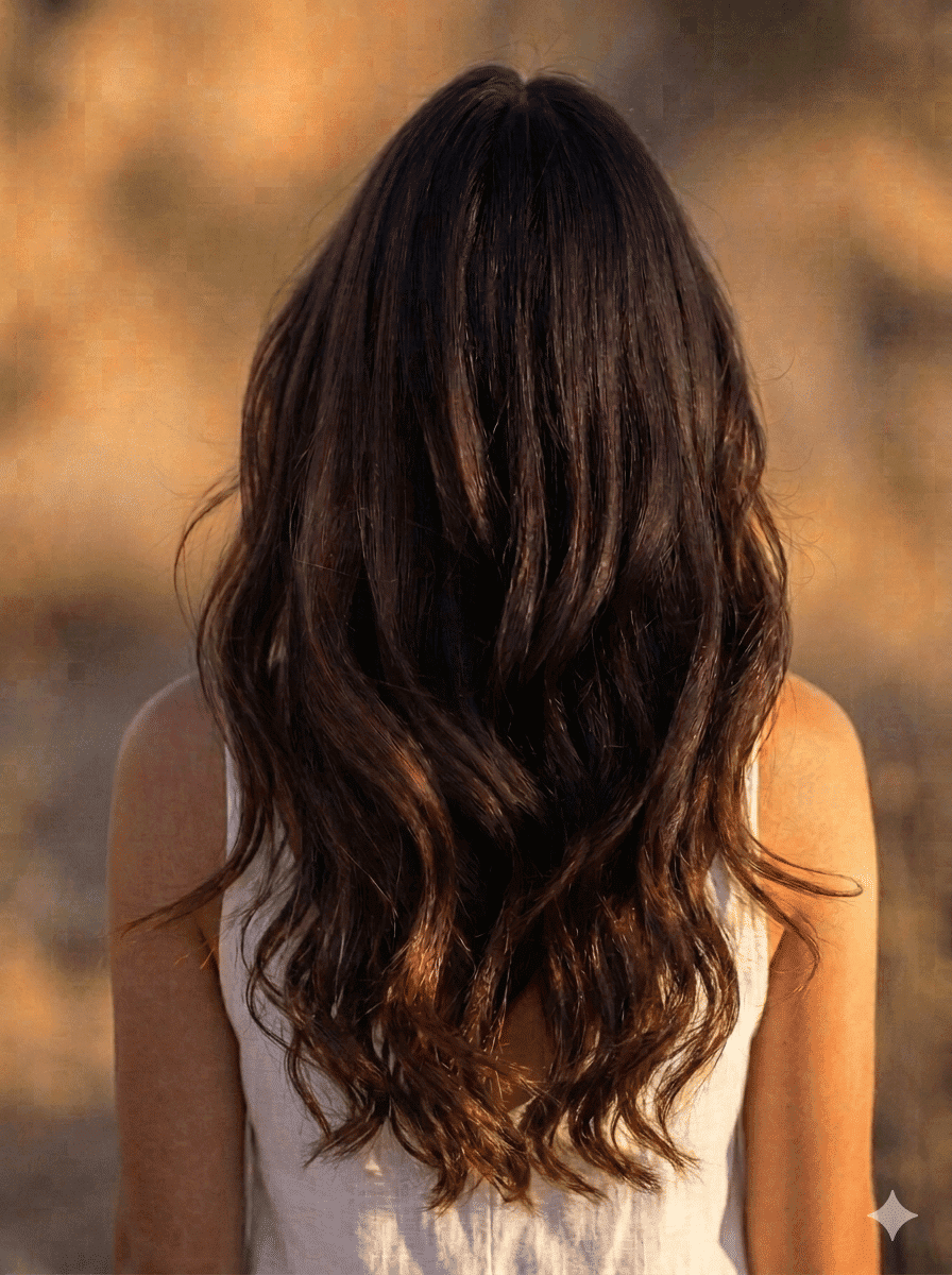 Woman with long, wavy brown hair facing away in a natural, warm setting.