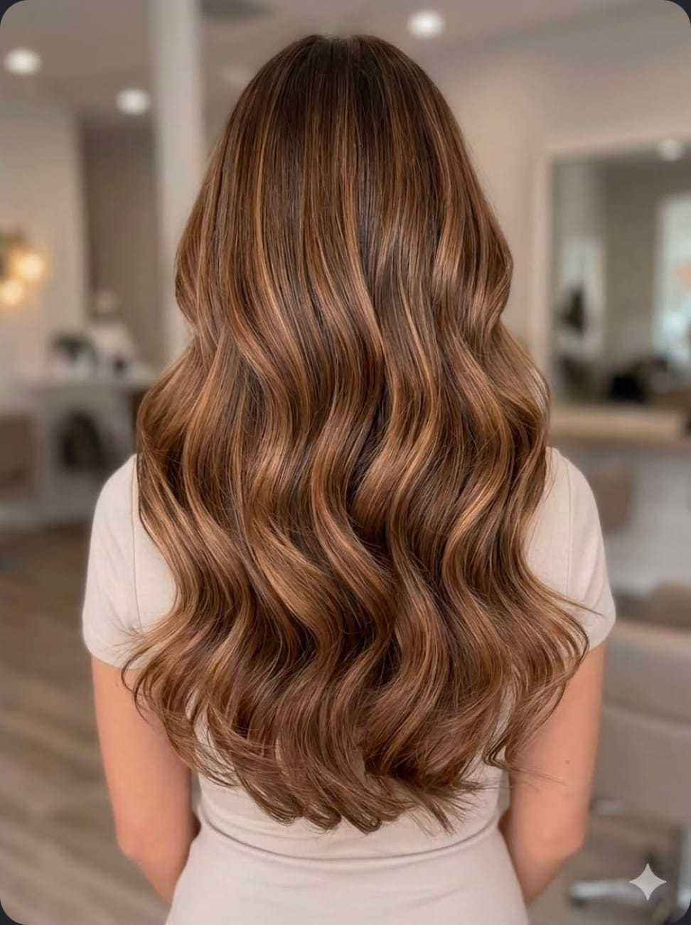 Long wavy brown hair styled elegantly in a salon setting.