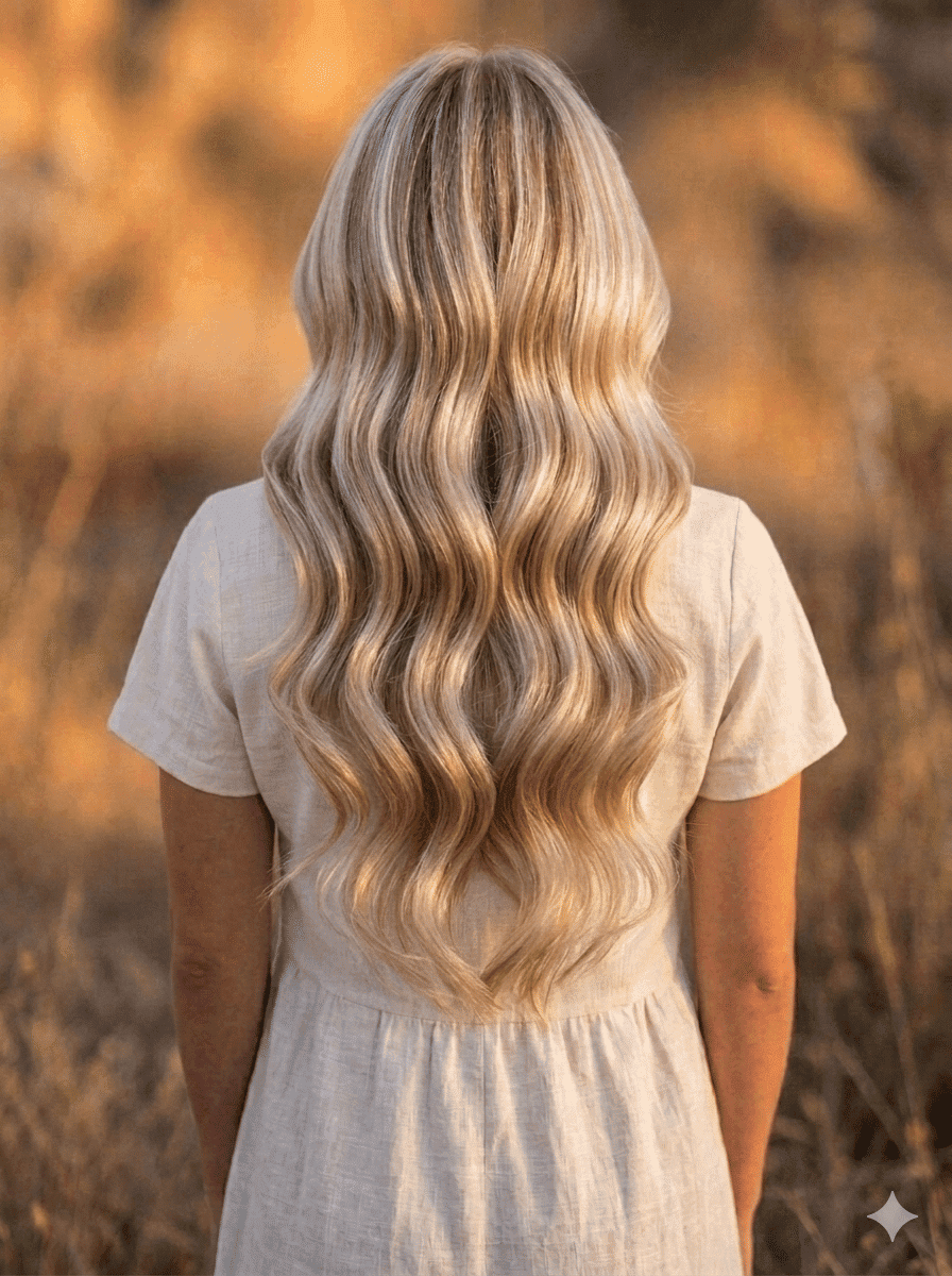 Long wavy blonde hair styled in loose waves, worn by a person in a light-colored dress.