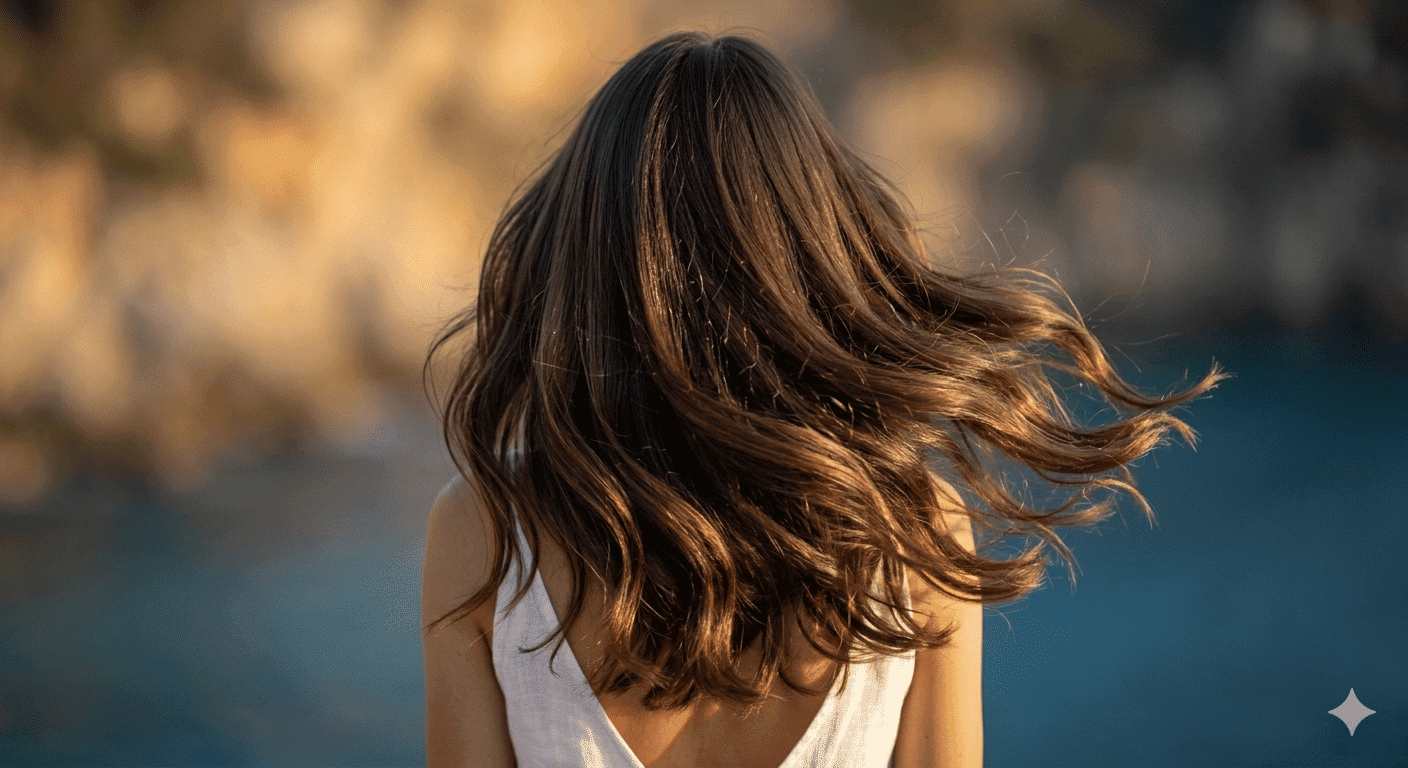 Woman with flowing hair overlooking a seaside cliff.