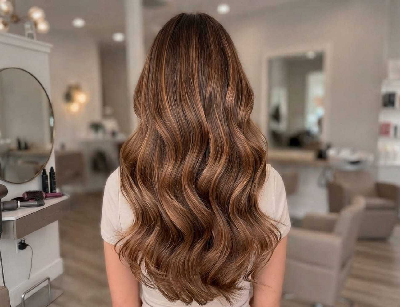 Woman with wavy, long brown hair at a salon, facing away.